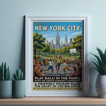 Poster for "Visit New York City" featuring a basketball game in a park.