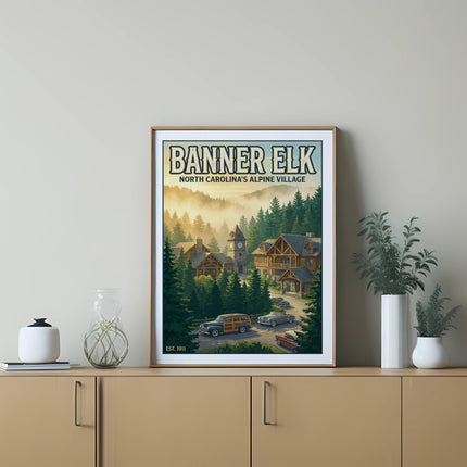 Banner Elk North Carolina vintage travel poster with buildings, trees, and cars.