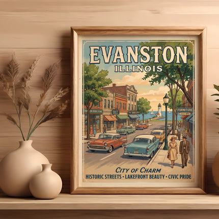 Framed art print of Evanston, Illinois featuring vintage cars and downtown scene.