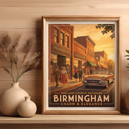 Vintage poster of vintage Birmingham, Michigan street scene with convertible, text Oakland County, Birmingham, Charm & Elegance.