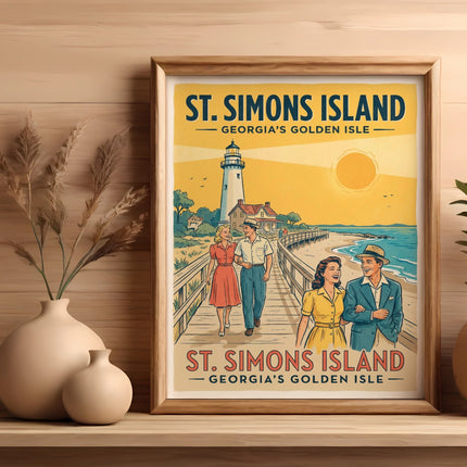 Vintage St. Simons Island Georgia travel poster with a couple walking towards a lighthouse.