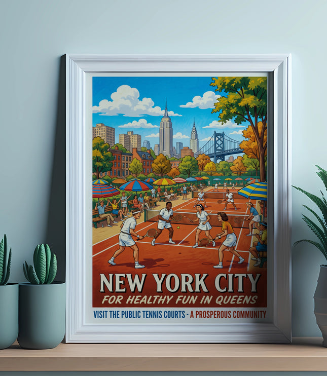 New York City poster depicting tennis matches with the Empire State Building.