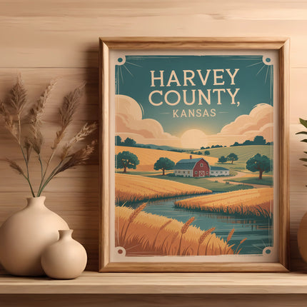 Framed vintage travel poster of Harvey County, Kansas with farm and landscape.