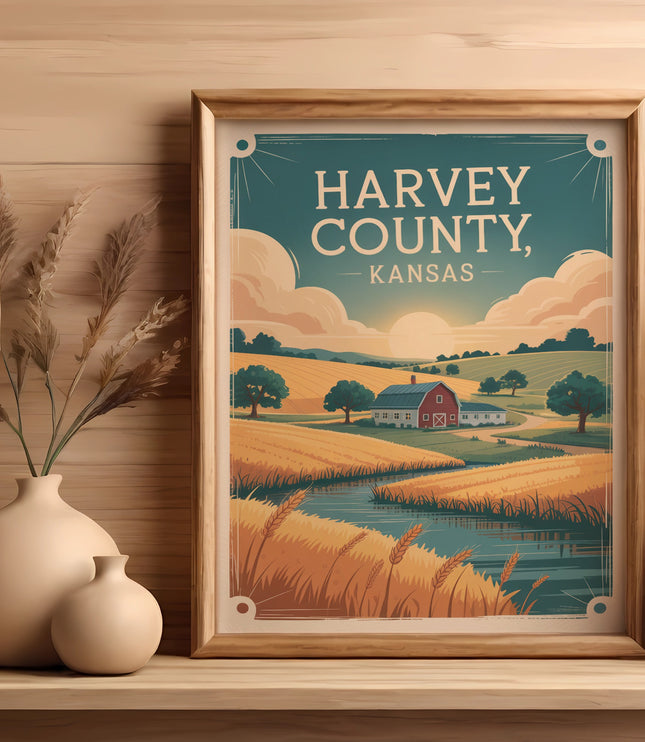 Framed vintage travel poster of Harvey County, Kansas with farm and landscape.