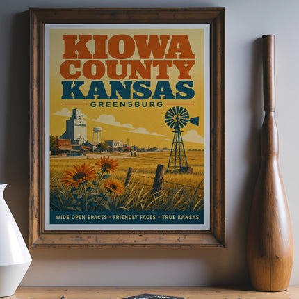 Vintage Kiowa County Kansas poster with sunflowers, windmill, and town buildings.
