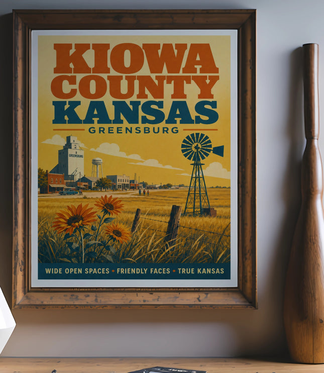 Vintage Kiowa County Kansas poster with sunflowers, windmill, and town buildings.