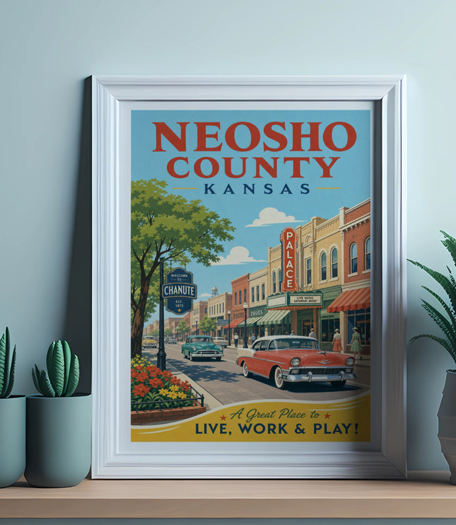Neosho County Kansas poster with Chanute cityscape and "Live, Work & Play" slogan.