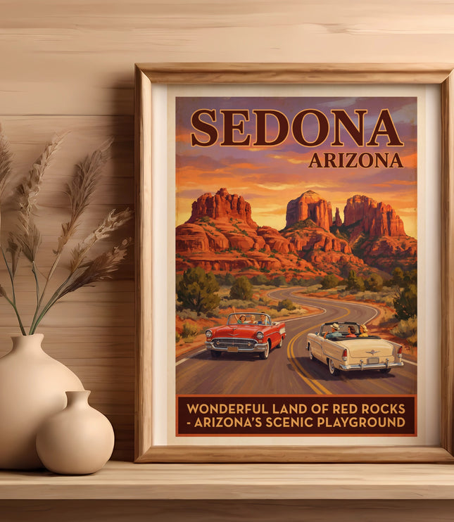 Sedona Arizona vintage travel poster with red rock formations and two classic convertibles.
