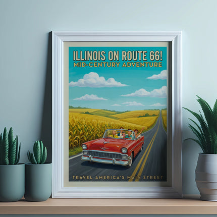 Illinois on Route 66 mid-century adventure poster with convertible and cornfields.