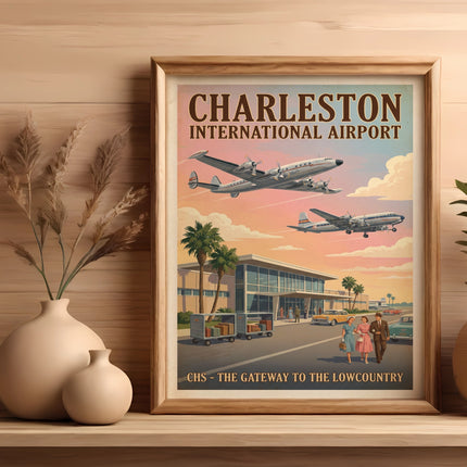Poster for Charleston International Airport featuring planes, an airport terminal, and vintage cars.
