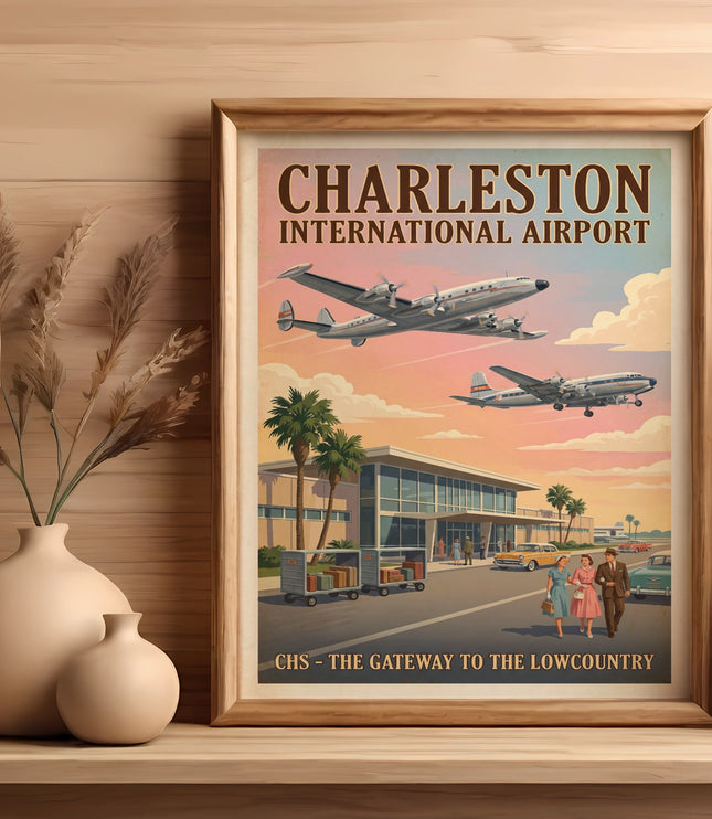 Poster for Charleston International Airport featuring planes, an airport terminal, and vintage cars.