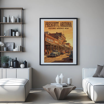 Framed poster of Prescott, Arizona Historic Whiskey Row with vintage cars and buildings.