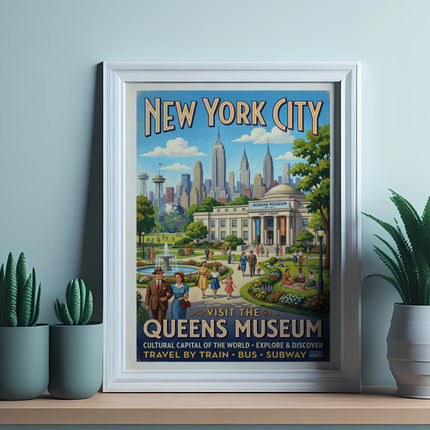 Vintage New York City poster for the Queens Museum featuring skyline and people.