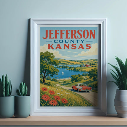 Jefferson County Kansas vintage travel poster with a red car.