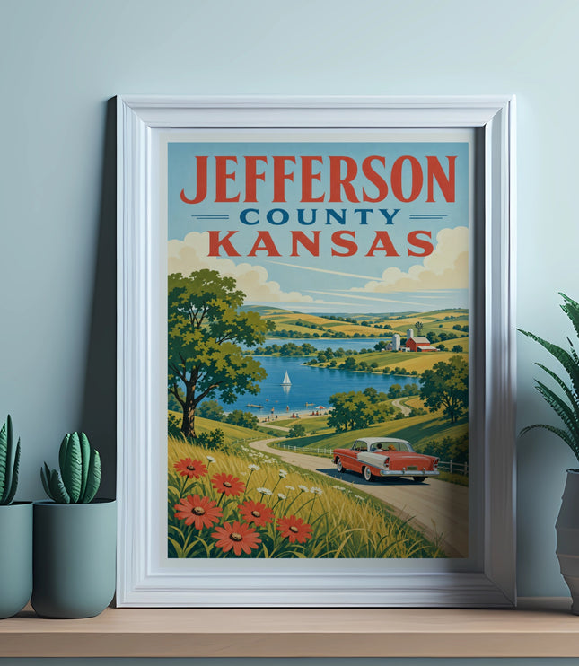 Jefferson County Kansas vintage travel poster with a red car.