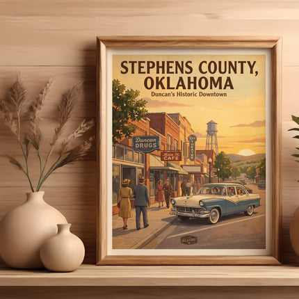 Retro poster depicting Stephens County, Oklahoma's historic downtown with vintage car.