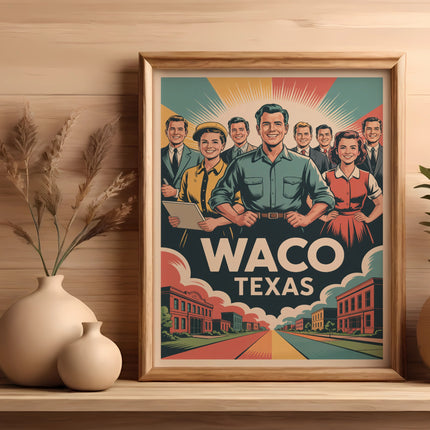 Framed poster featuring a vintage "Waco Texas" illustration with people and buildings.
