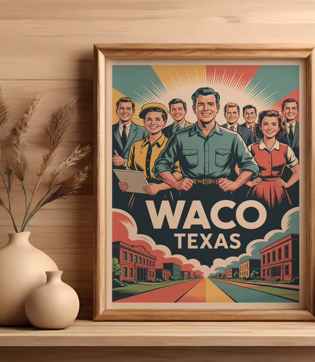 Framed poster featuring a vintage "Waco Texas" illustration with people and buildings.