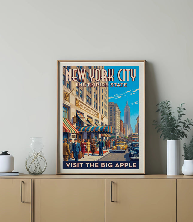 New York City Empire State vintage travel poster with Waldorf-Astoria and Empire State Building.