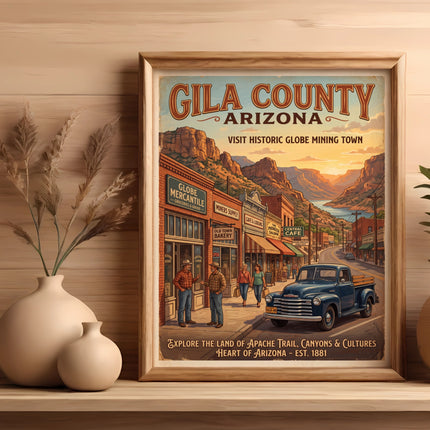 Gila County Arizona vintage travel poster featuring Globe mining town and APACHE TRAIL.