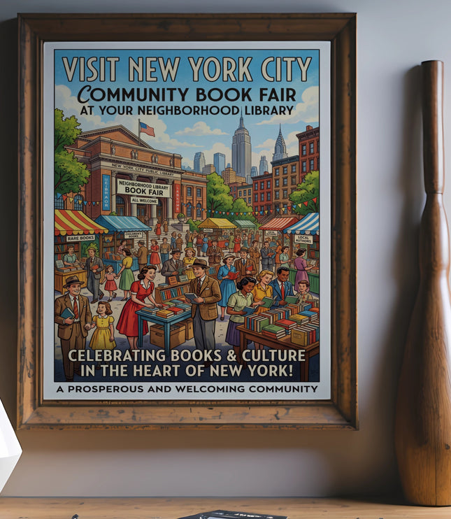 New York City Community Book Fair at the library with city skyline and various book vendors.