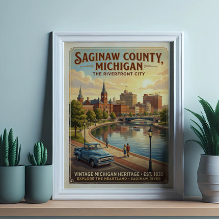 Vintage travel poster of Saginaw County, Michigan, riverfront city with buildings and a blue truck.