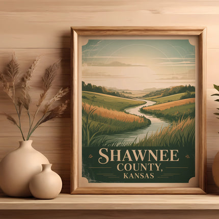 Framed "Shawnee, Kansas" landscape print with river and rolling hills.