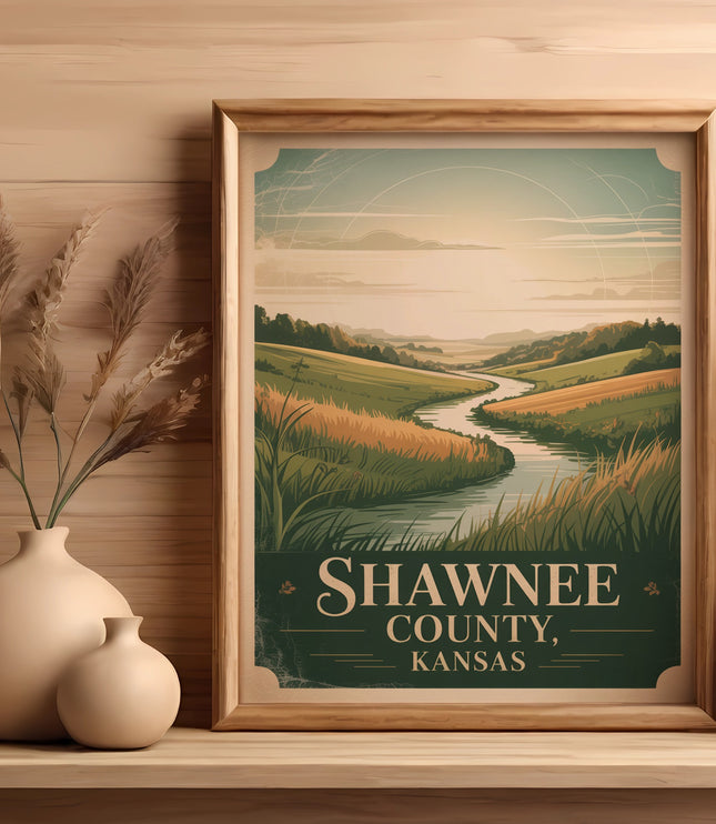 Framed "Shawnee, Kansas" landscape print with river and rolling hills.