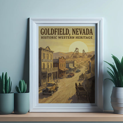 Goldfield, Nevada historic western heritage poster featuring a dusty town scene.