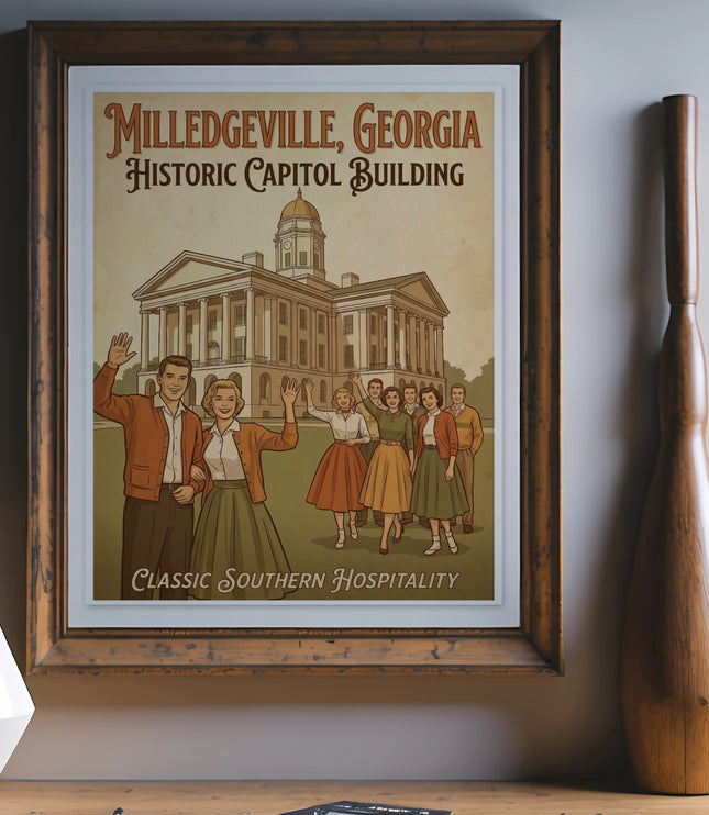 Poster of Milledgeville, Georgia Historic Capitol Building with people waving.