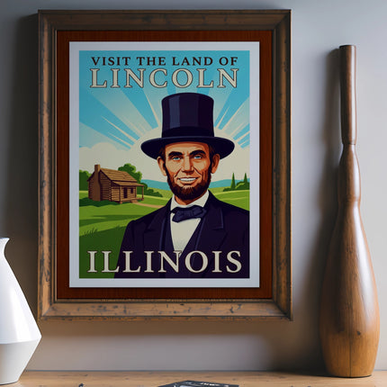 Vintage poster advertising "Visit the Land of Lincoln, Illinois" with Abraham Lincoln illustration.