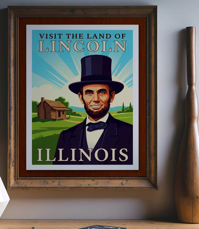 Vintage poster advertising "Visit the Land of Lincoln, Illinois" with Abraham Lincoln illustration.