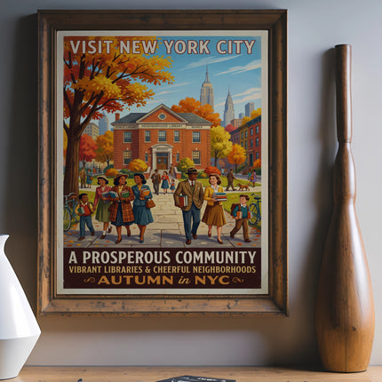 Vintage "Visit New York City" poster with a library, autumn scene, and text.