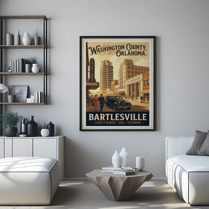 Vintage poster of Bartlesville, Oklahoma, historic oil-town, with buildings and people.
