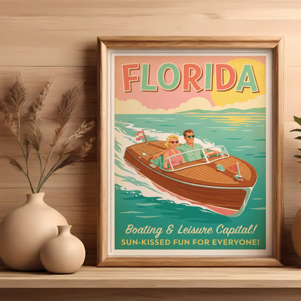 Retro Florida travel poster of couple in speedboat.