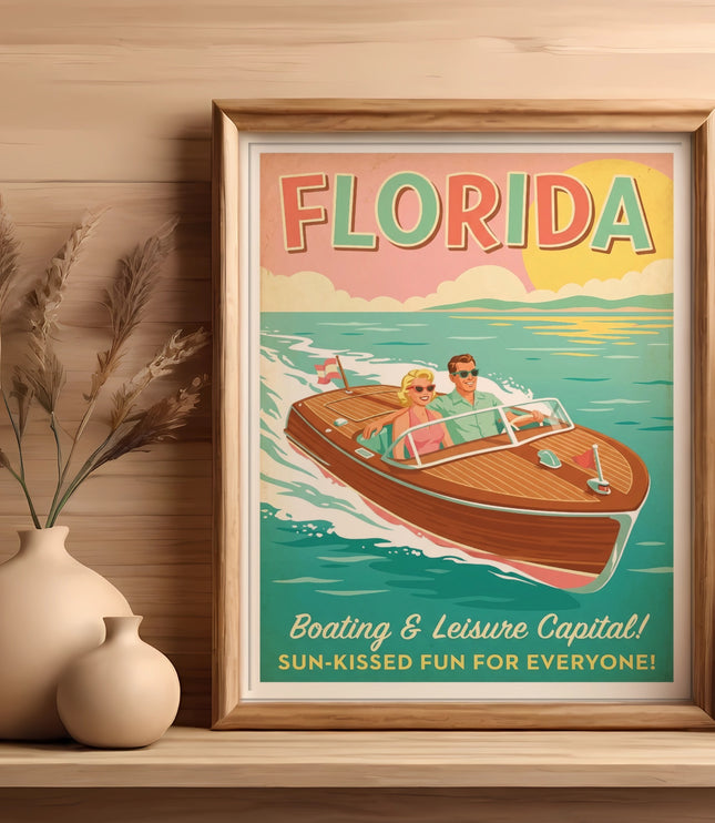 Retro Florida travel poster of couple in speedboat.