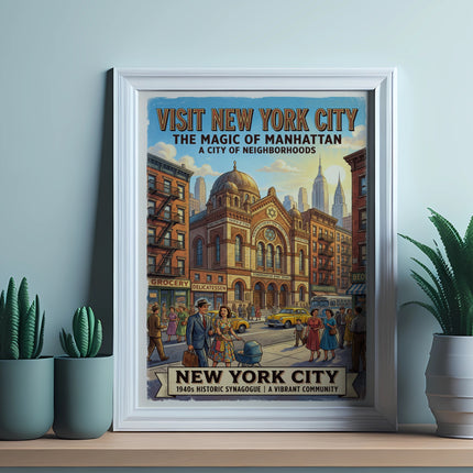 Vintage New York City travel poster featuring a synagogue and city street scene.