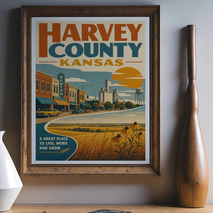 Vintage poster for Harvey County, Kansas featuring a town scene and wheat fields.