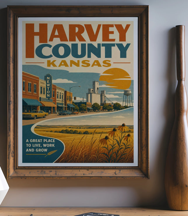 Vintage poster for Harvey County, Kansas featuring a town scene and wheat fields.