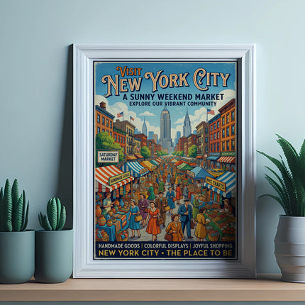 Vintage "Visit New York City" poster depicting a bustling Saturday market scene.