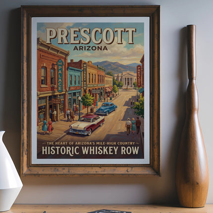 Vintage art print of Prescott, Arizona Historic Whiskey Row with buildings and cars.