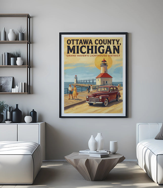 Retro poster of Grand Haven's lighthouse district with a vintage car.