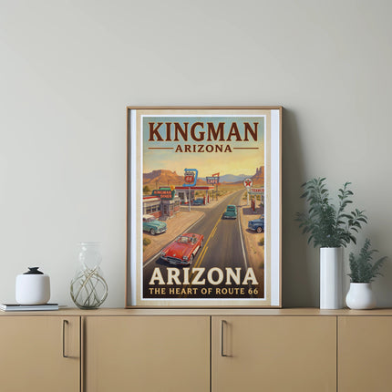 Vintage Route 66 poster for Kingman, Arizona with classic cars.