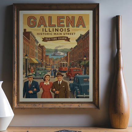 Vintage poster for Galena, Illinois, showing historic main street charm.