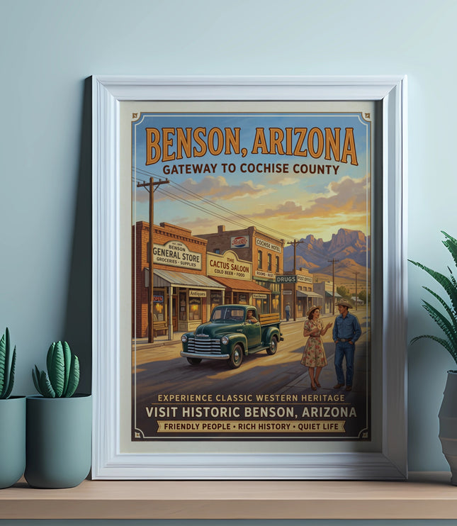 Vintage Benson, Arizona poster depicting a town scene with a couple and classic truck.