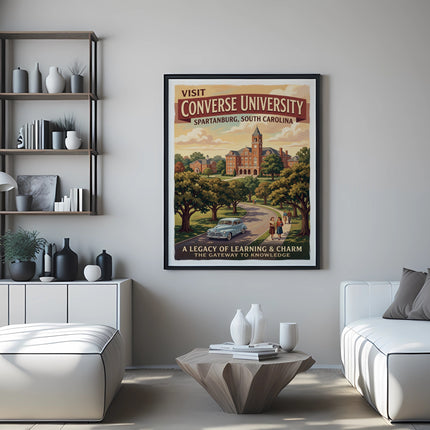 Poster featuring Converse University campus and vintage car with text.