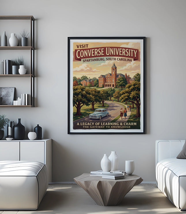 Poster featuring Converse University campus and vintage car with text.
