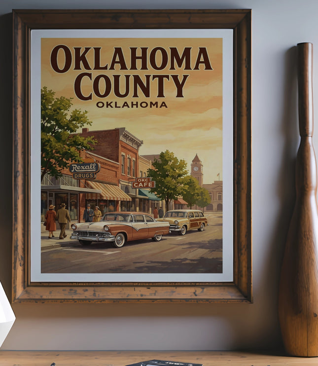 Vintage poster of Oklahoma County main street with classic cars and Rexall Drugs store.