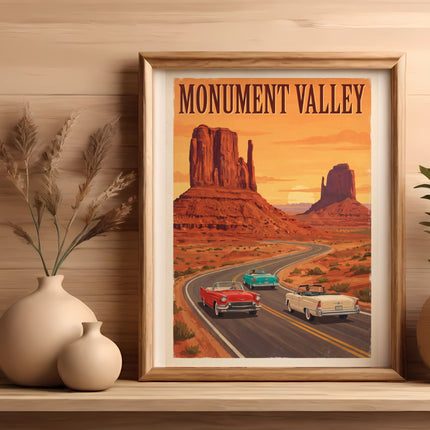 "Monument Valley" poster with three vintage cars on a winding road at sunset.