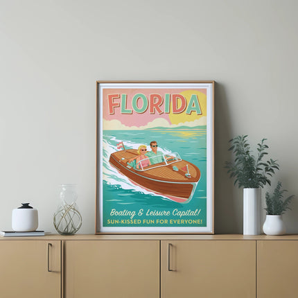 Retro Florida travel poster with a boat sailing on water.